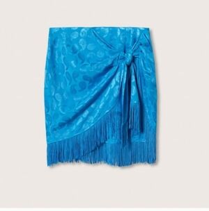 Mango tie up satin fringe mini skirt in blue Sz L